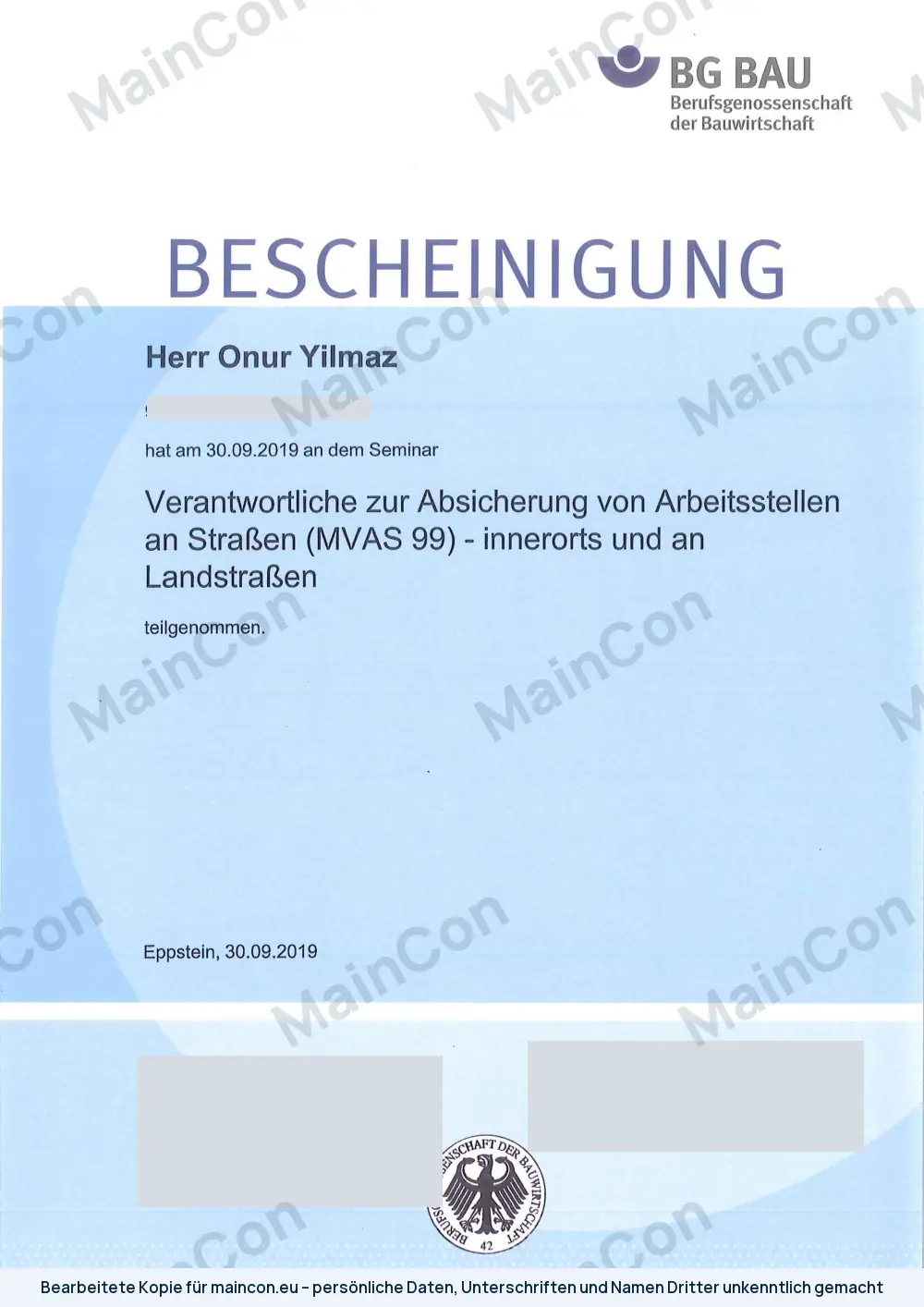 Bescheinigung: Absicherung von Arbeitsstellen an Straßen (MVAS) (bearbeitete Kopie)