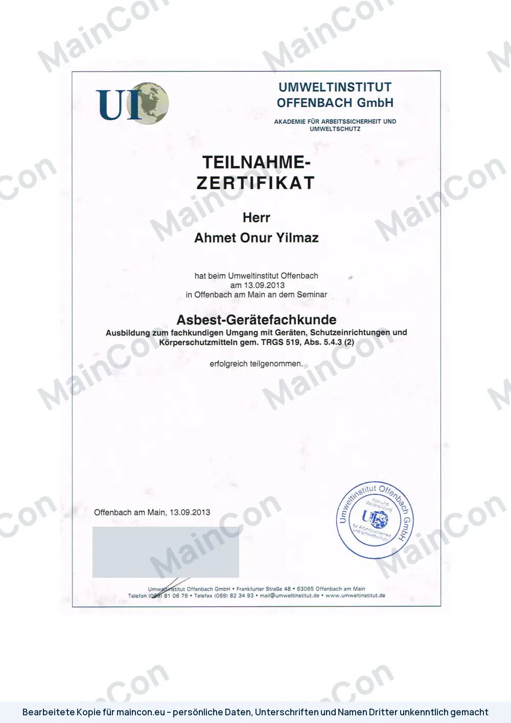 Bescheinigung: Asbest-Gerätefachkunde nach TRGS 519 (bearbeitete Kopie)