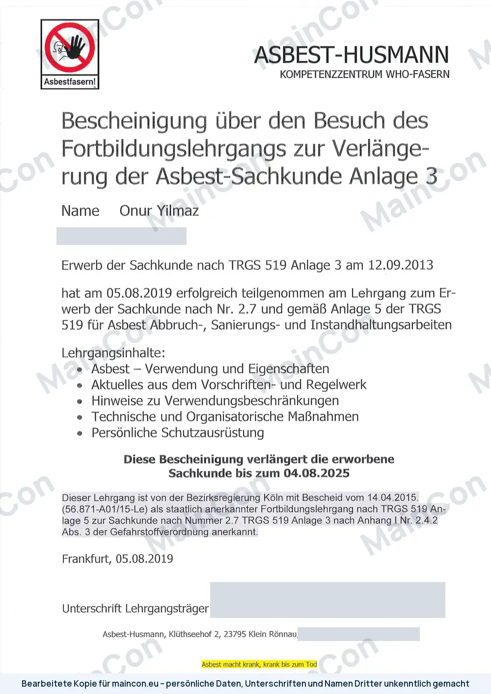 Bescheinigung: Fortbildung zur Verlängerung der Asbest-Sachkunde (bearbeitete Kopie)