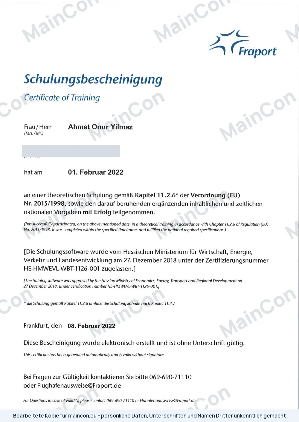 Bescheinigung: Schulung Luftsicherheit nach VO (EU) 2015/1998, Kap. 11.2.6 (bearbeitete Kopie)