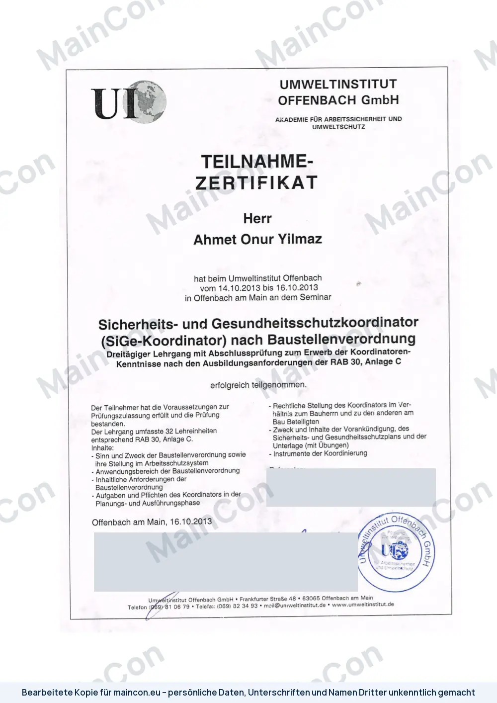 Bescheinigung: SiGe-Koordinator nach Baustellenverordnung (RAB 30, Anlage C) (bearbeitete Kopie)
