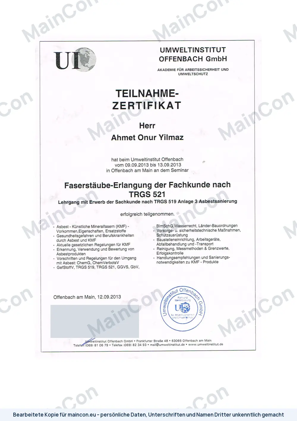 Bescheinigung: Fachkunde Faserstäube nach TRGS 521 (bearbeitete Kopie)