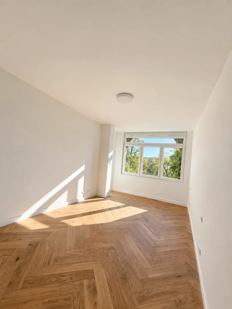 Heller Raum mit Fischgrätparkett und dreiteiligem Fenster